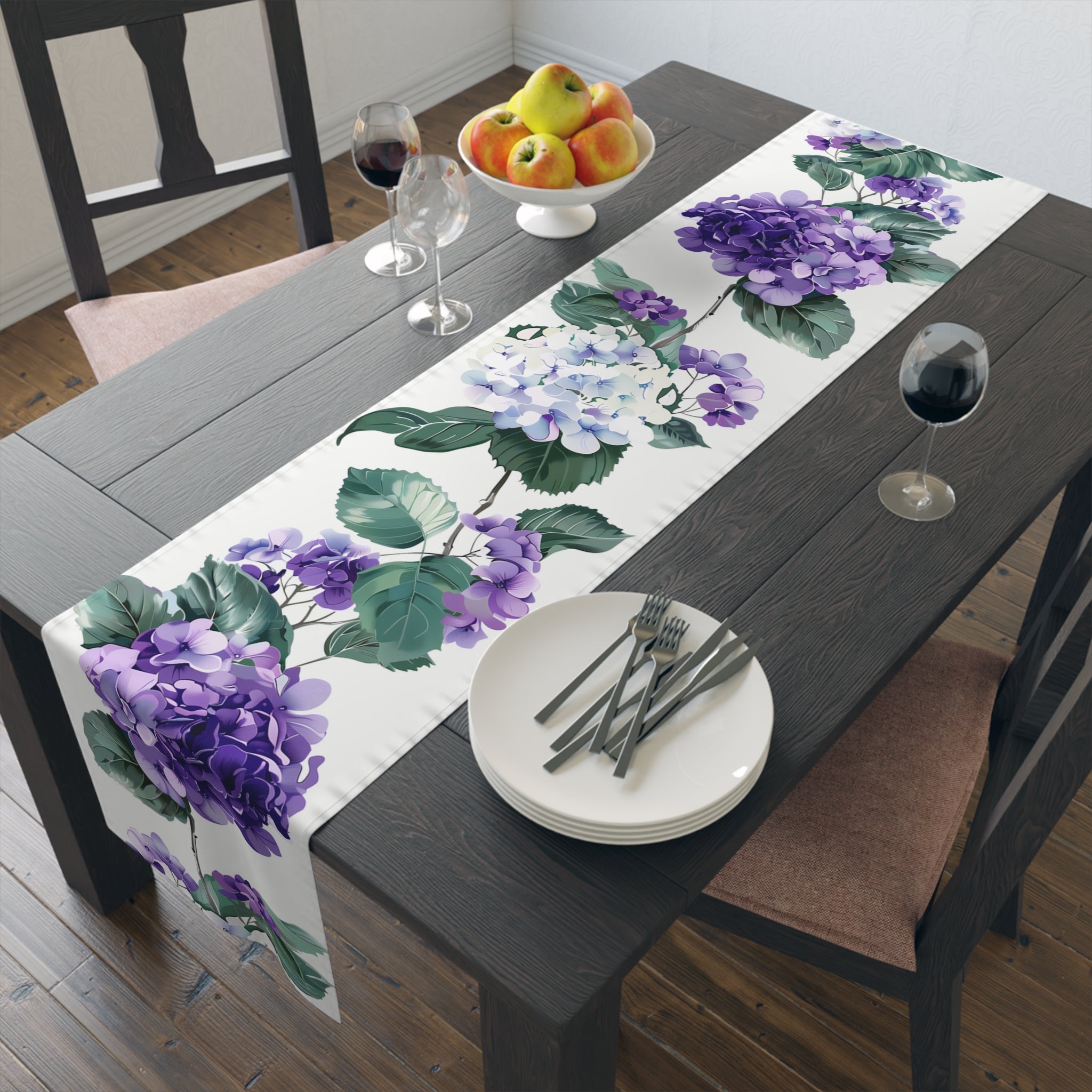 Serenity Table Runner with Purple Hydrangea Floral Design (16