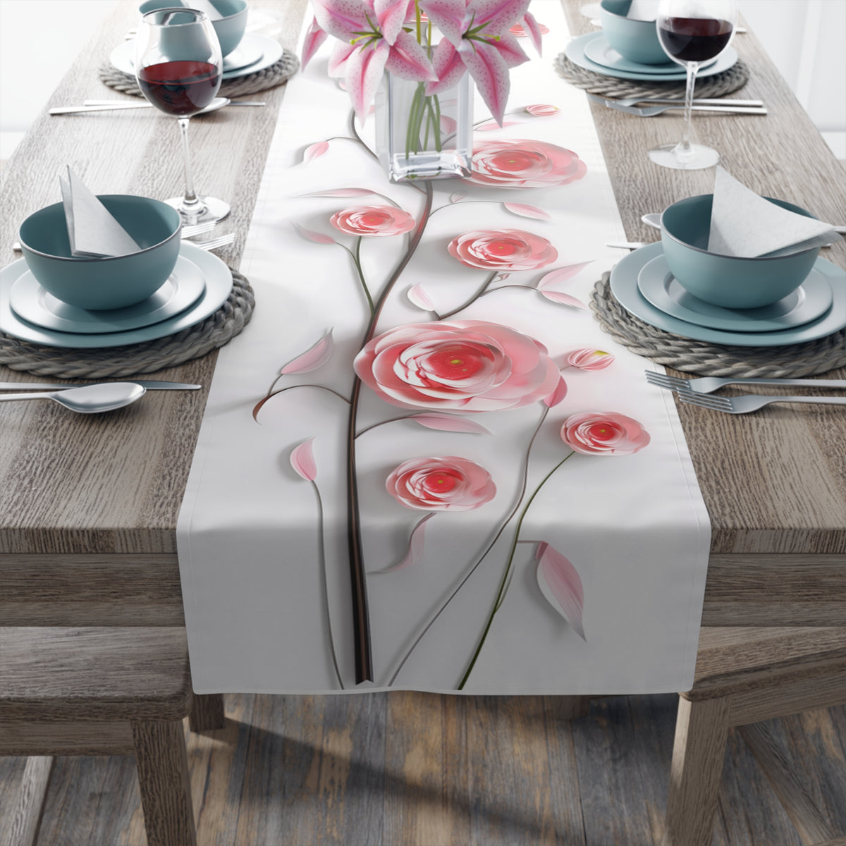3D Table Runner with Pink Ranunuculus Floral Design (16&quot; × 72&quot;)