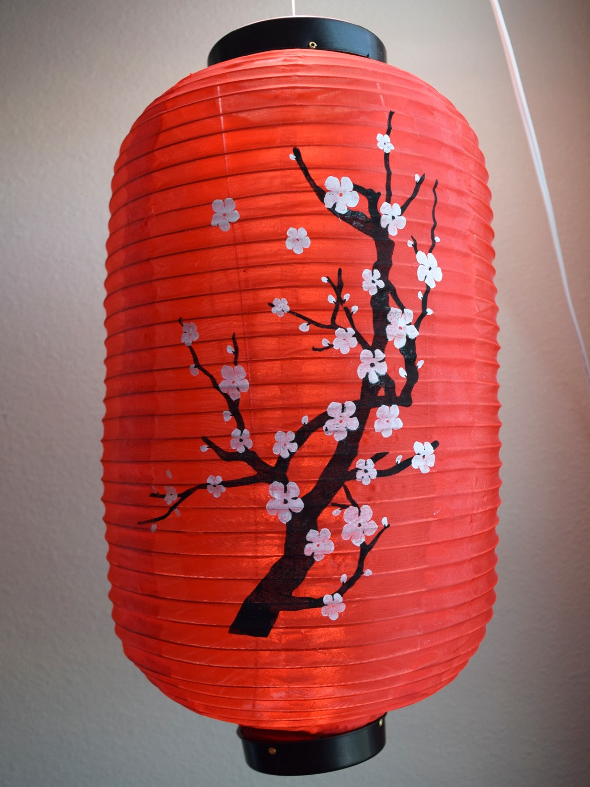 Japanese Style Nylon Lantern with Plum Tree Blossoms, Red (10&quot;W x 16.5&quot;H)