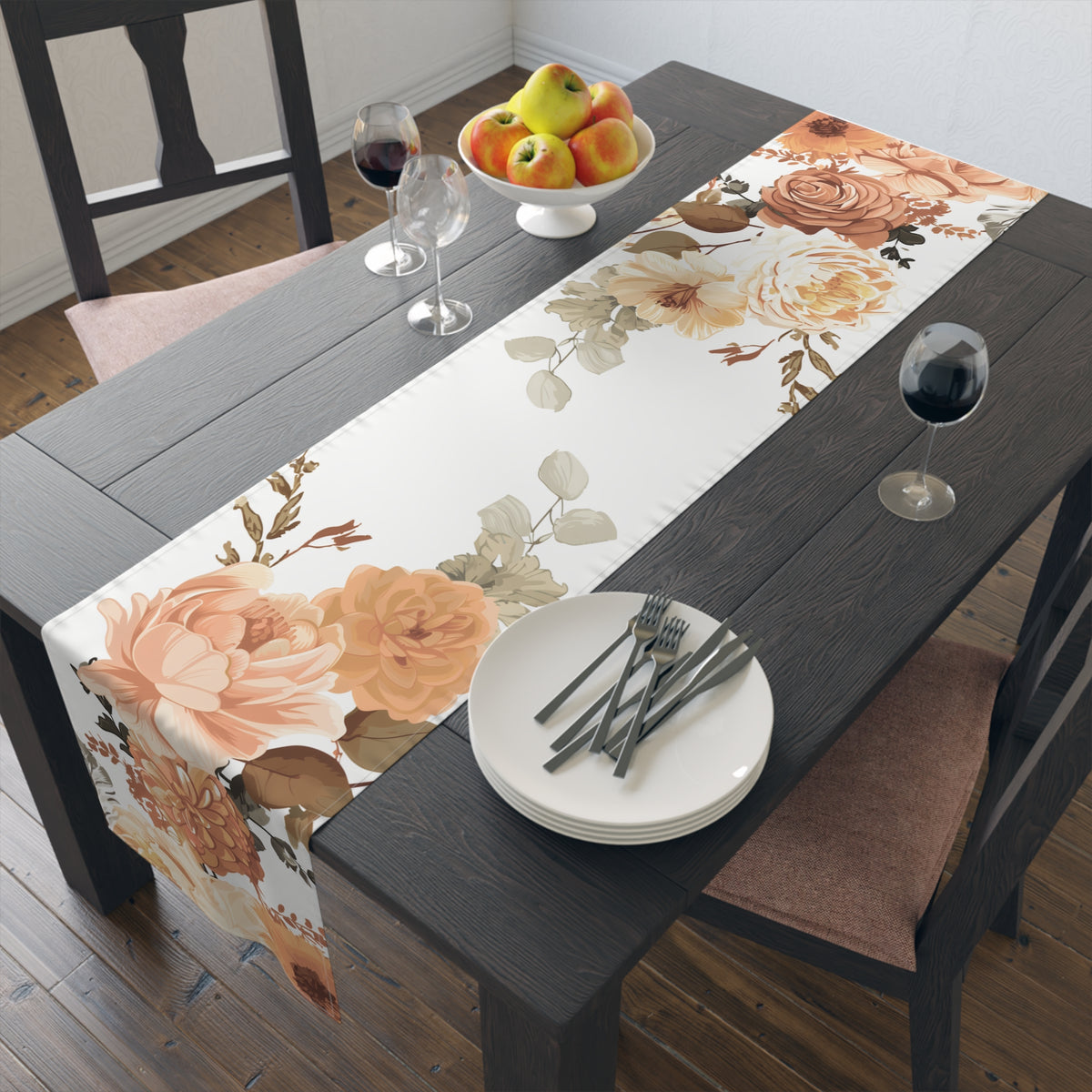 Sunset Table Runner with Orange and Peach Floral Design (16&quot; × 72&quot;)