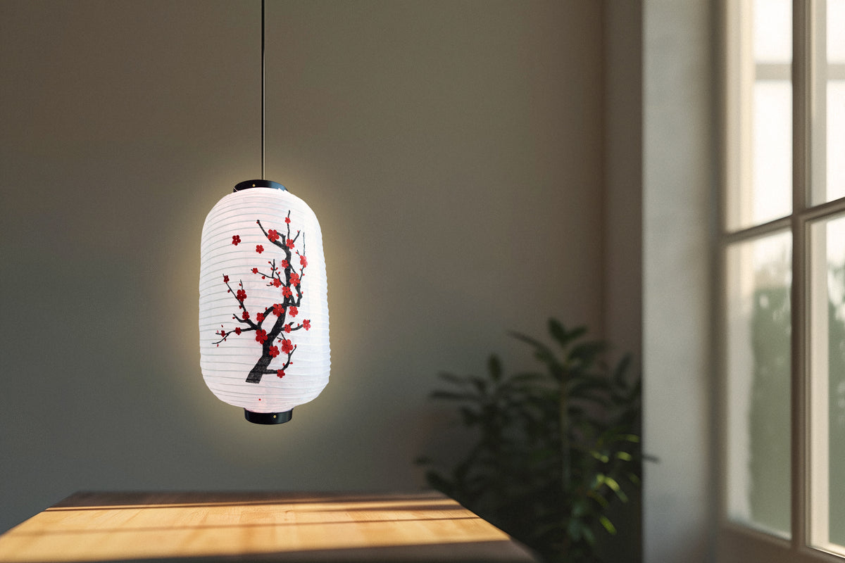 Japanese Style Nylon Lantern with Plum Tree Blossoms, White (10&quot;W x 16.5&quot;H)