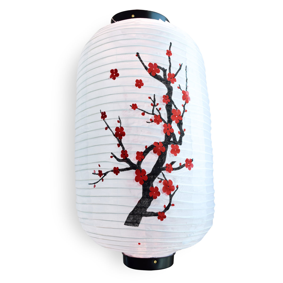 Japanese Style Nylon Lantern with Plum Tree Blossoms, White (10&quot;W x 16.5&quot;H)