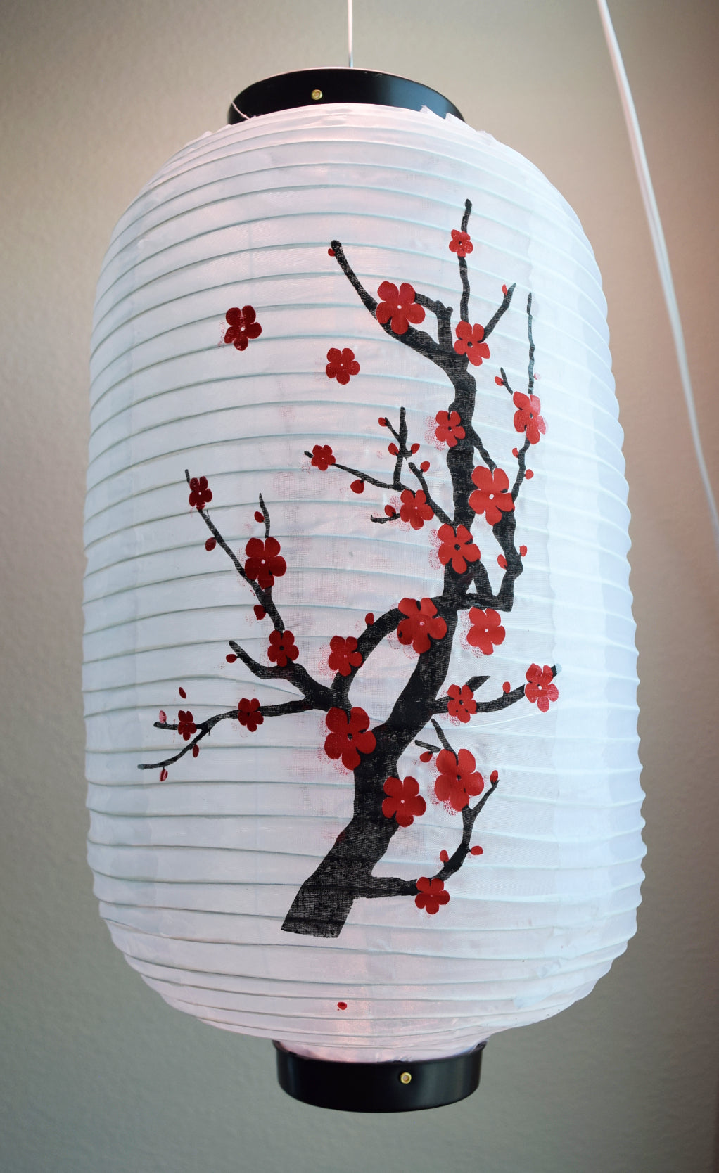 Japanese Style Nylon Lantern with Plum Tree Blossoms, White (10&quot;W x 16.5&quot;H)