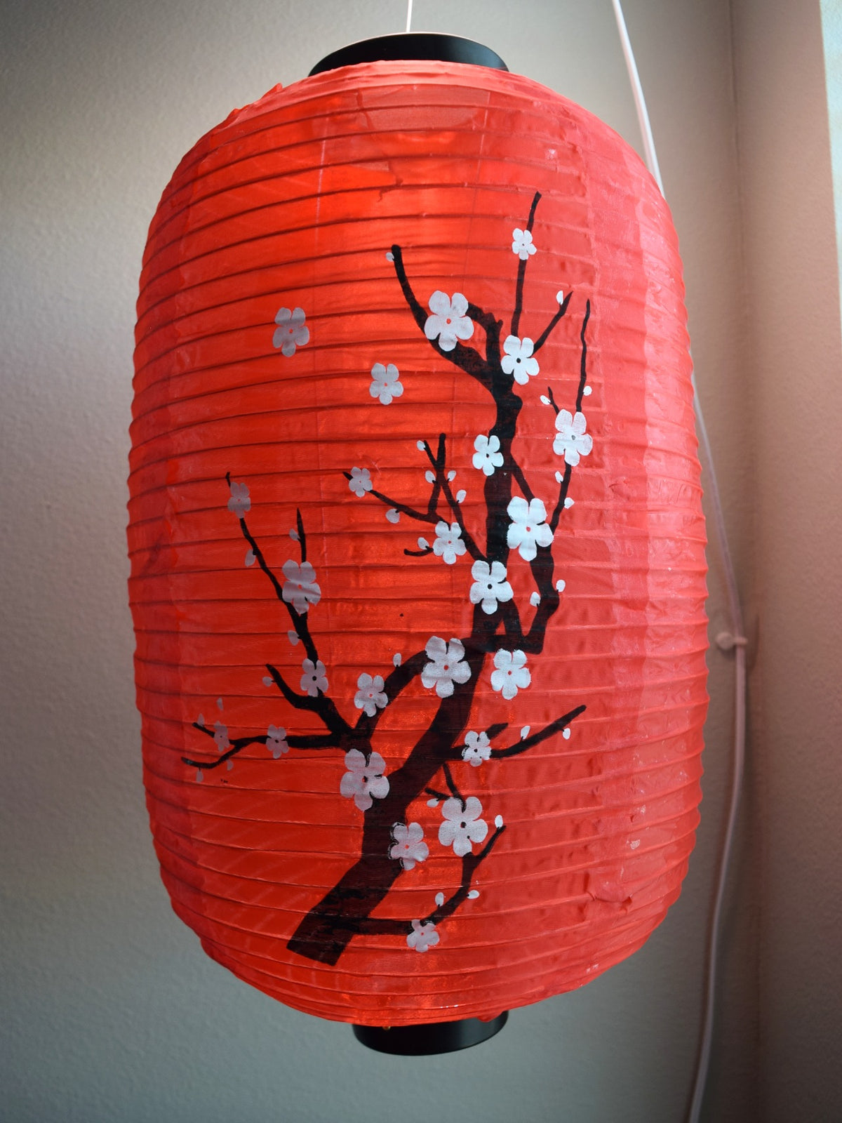 Large Japanese Style Nylon Lantern with Plum Tree Blossoms, Red (12&quot;W x 19.5&quot;H)