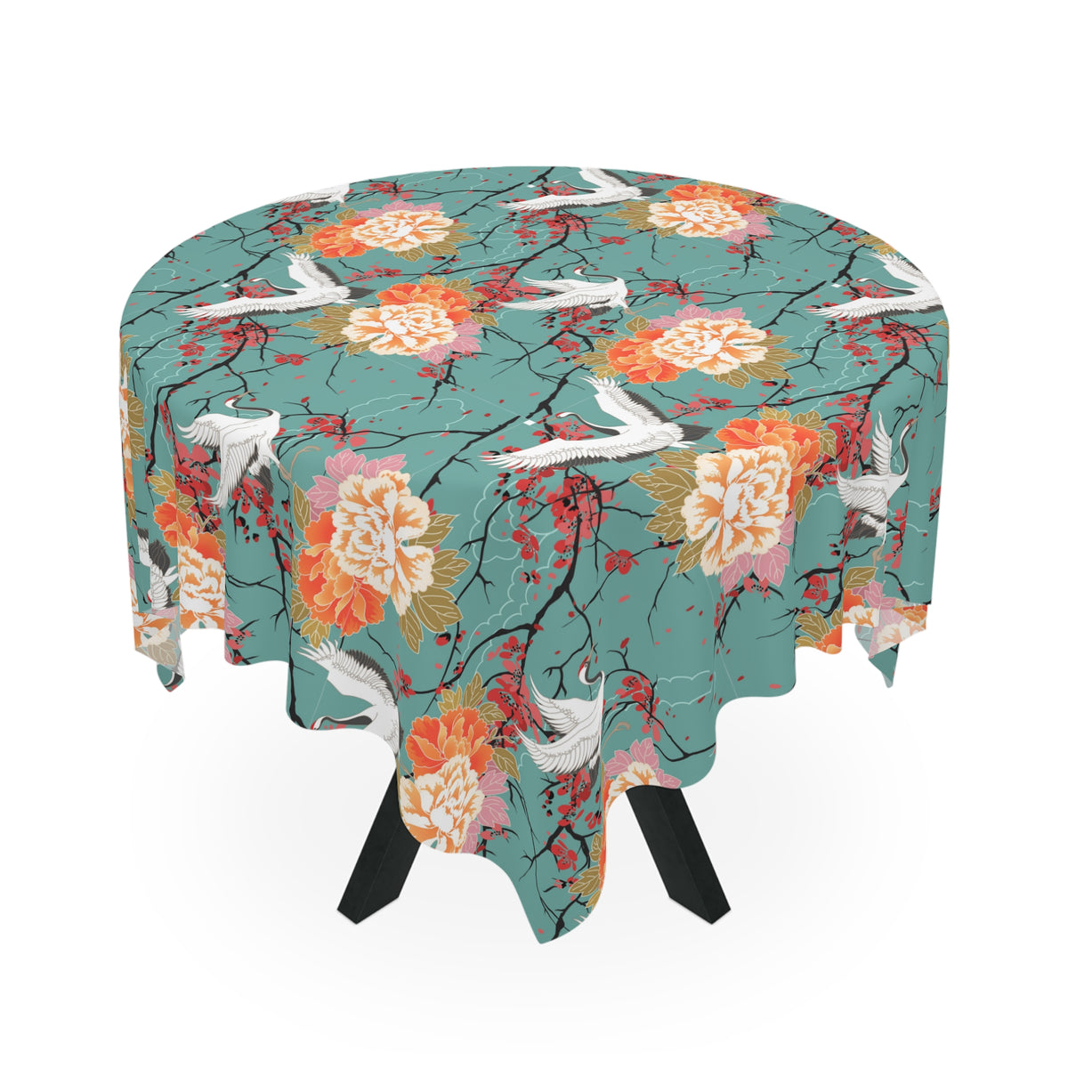 Decorative Tablecloth with Cherry and Crane Design, Durable Polyester (55.1&quot; x 55.1&quot;)