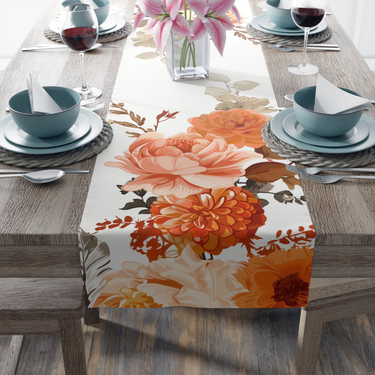 Sunset Table Runner with Orange and Peach Floral Design (16&quot; × 72&quot;)