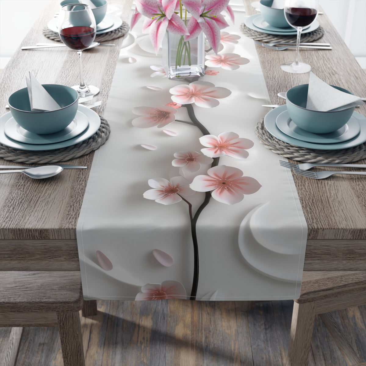 3D Table Runner with Pink Cherry Blossoms Design (16&quot; × 72&quot;)