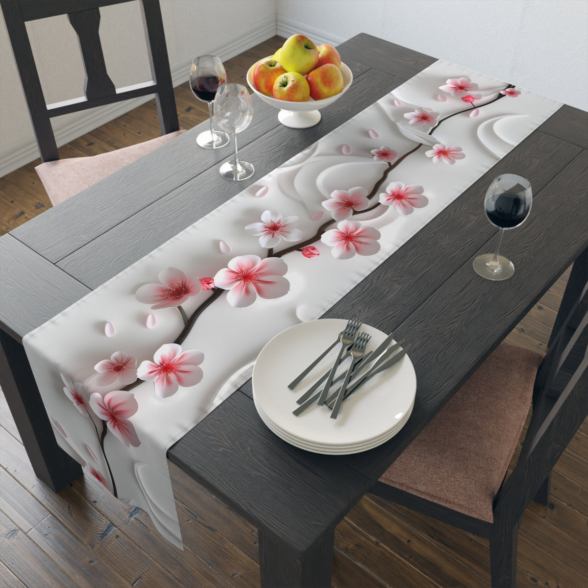 3D Table Runner with Pink Cherry Blossoms Design (16&quot; × 72&quot;)