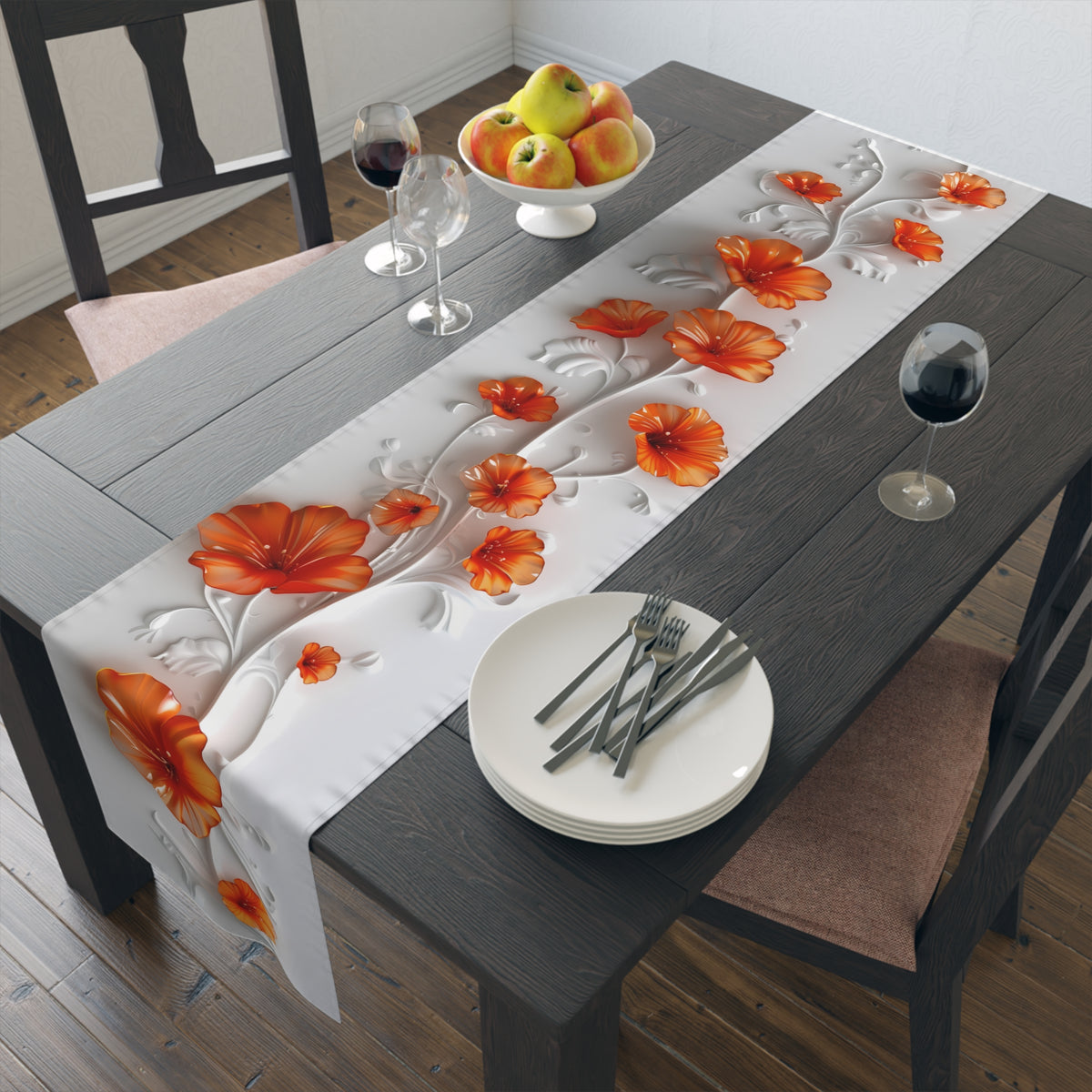 3D Table Runner with Stunning Orange Nasturtium Floral Design (16&quot; × 72&quot;)