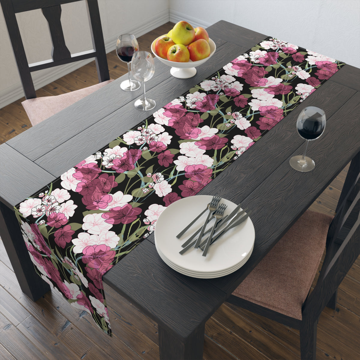 Midnight Table Runner with Cherry Blossom Floral Pattern (16&quot; × 72&quot;)