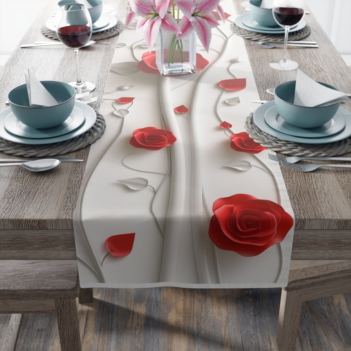 3D Table Runner with Elegant Red Roses Floral Design (16&quot; × 72&quot;)