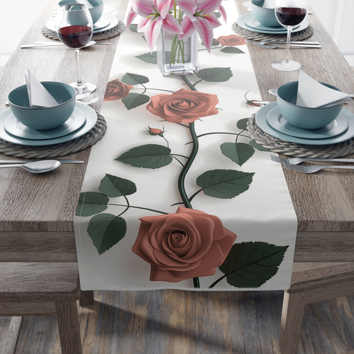 Classic Table Runner with Pretty Red Roses Floral Design (16&quot; × 72&quot;)