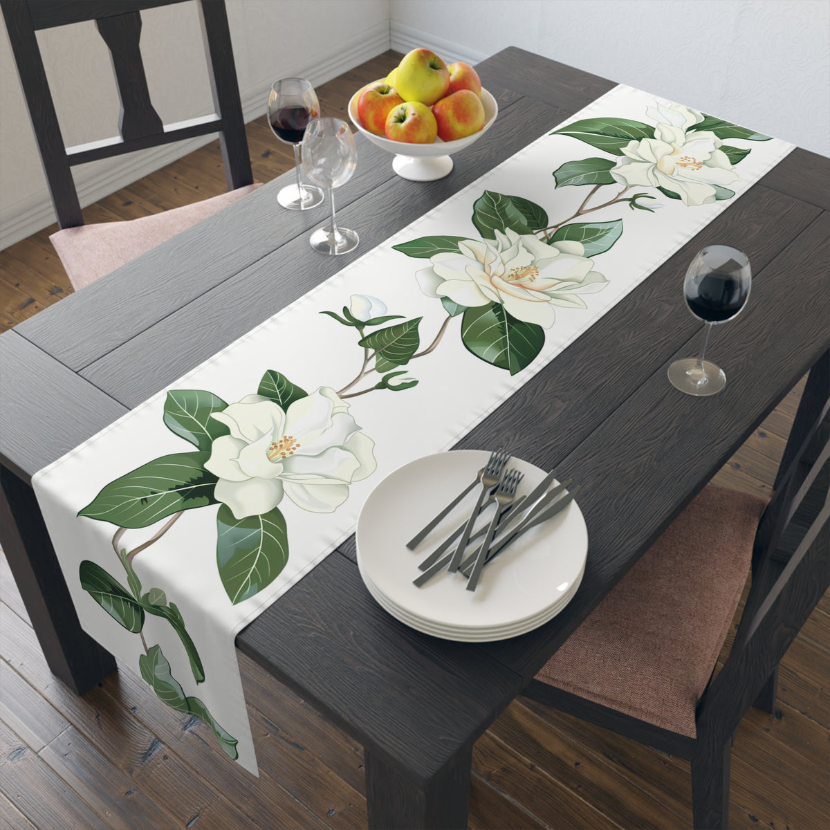 Elegant Table Runner with White Gardenia Design (16&quot; × 72&quot;)