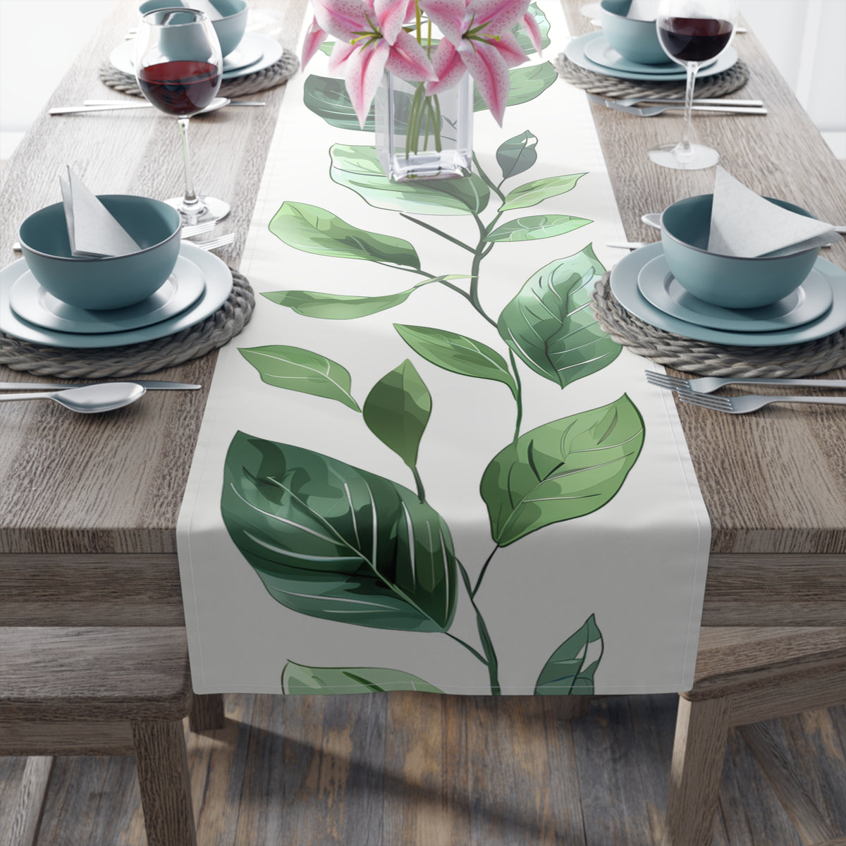 Greenery Table Runner with Green Leaves Design (16&quot; × 72&quot;)