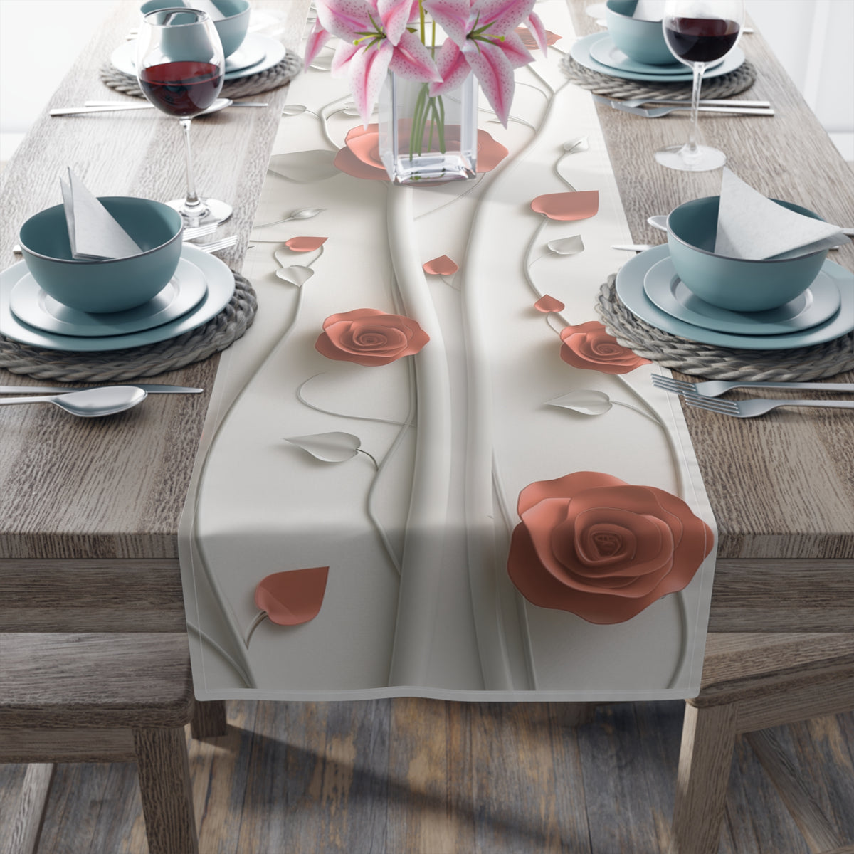 3D Table Runner with Elegant Red Roses Floral Design (16&quot; × 72&quot;)