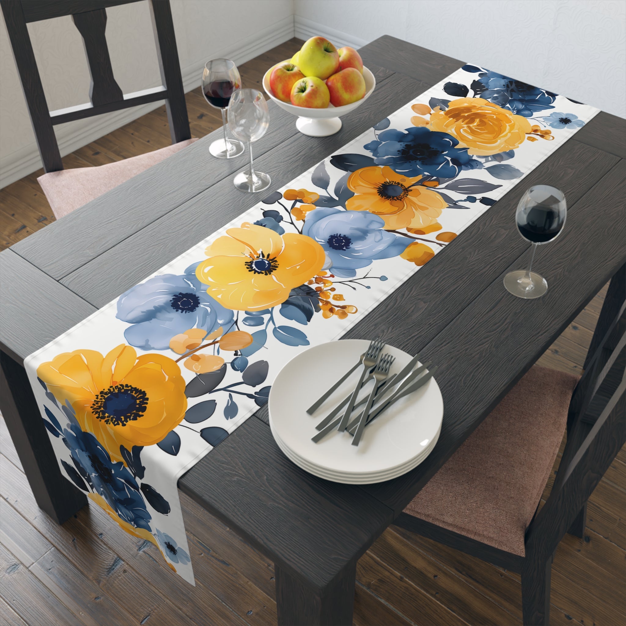 Coastal Table Runner with Cool Blue and Yellow Floral Design (16