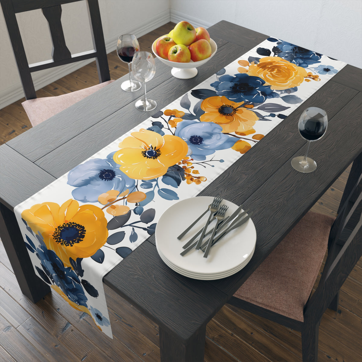 Coastal Table Runner with Cool Blue and Yellow Floral Design (16&quot; × 72&quot;)