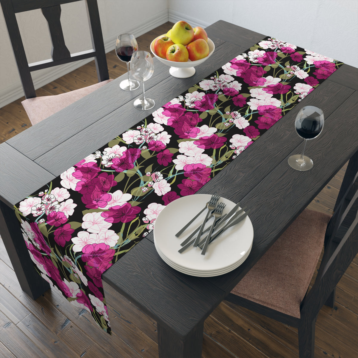 Midnight Table Runner with Cherry Blossom Floral Pattern (16&quot; × 72&quot;)