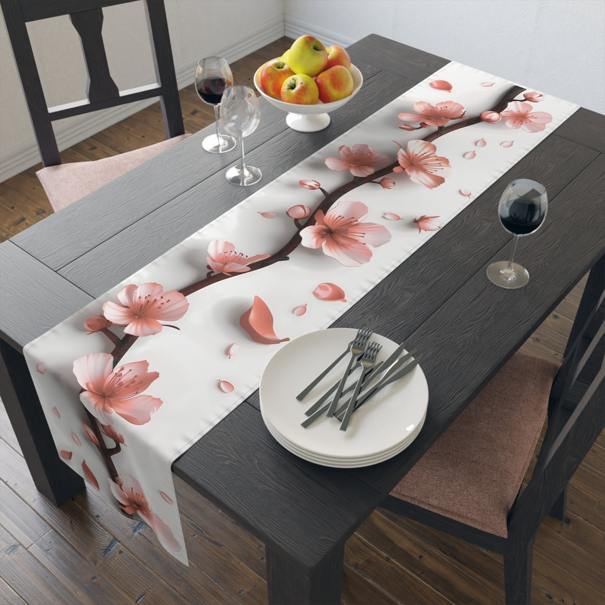 3D Table Runner with Pretty Plum Blossoms Design (16&quot; × 72&quot;)