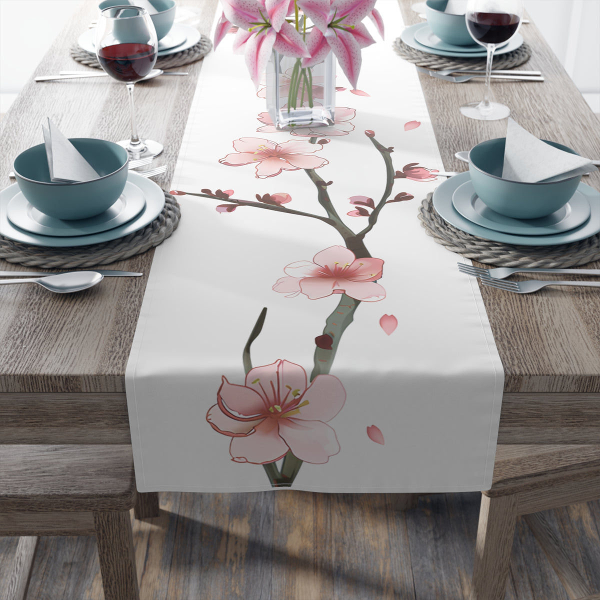Sakura Table Runner with Pink Cherry Blossoms Design (16&quot; × 72&quot;)