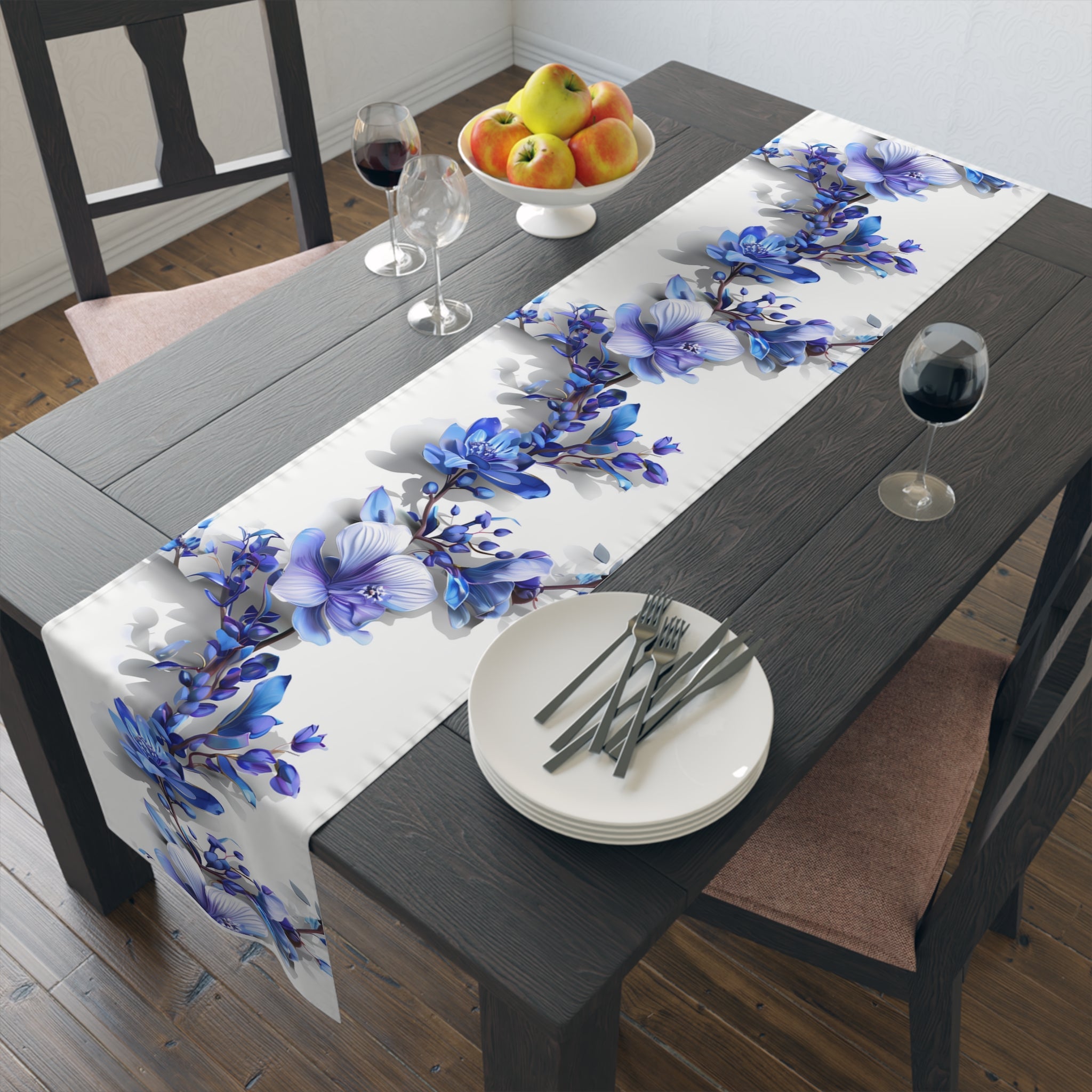 3D Table Runner with Blue Lavender Floral Design (16