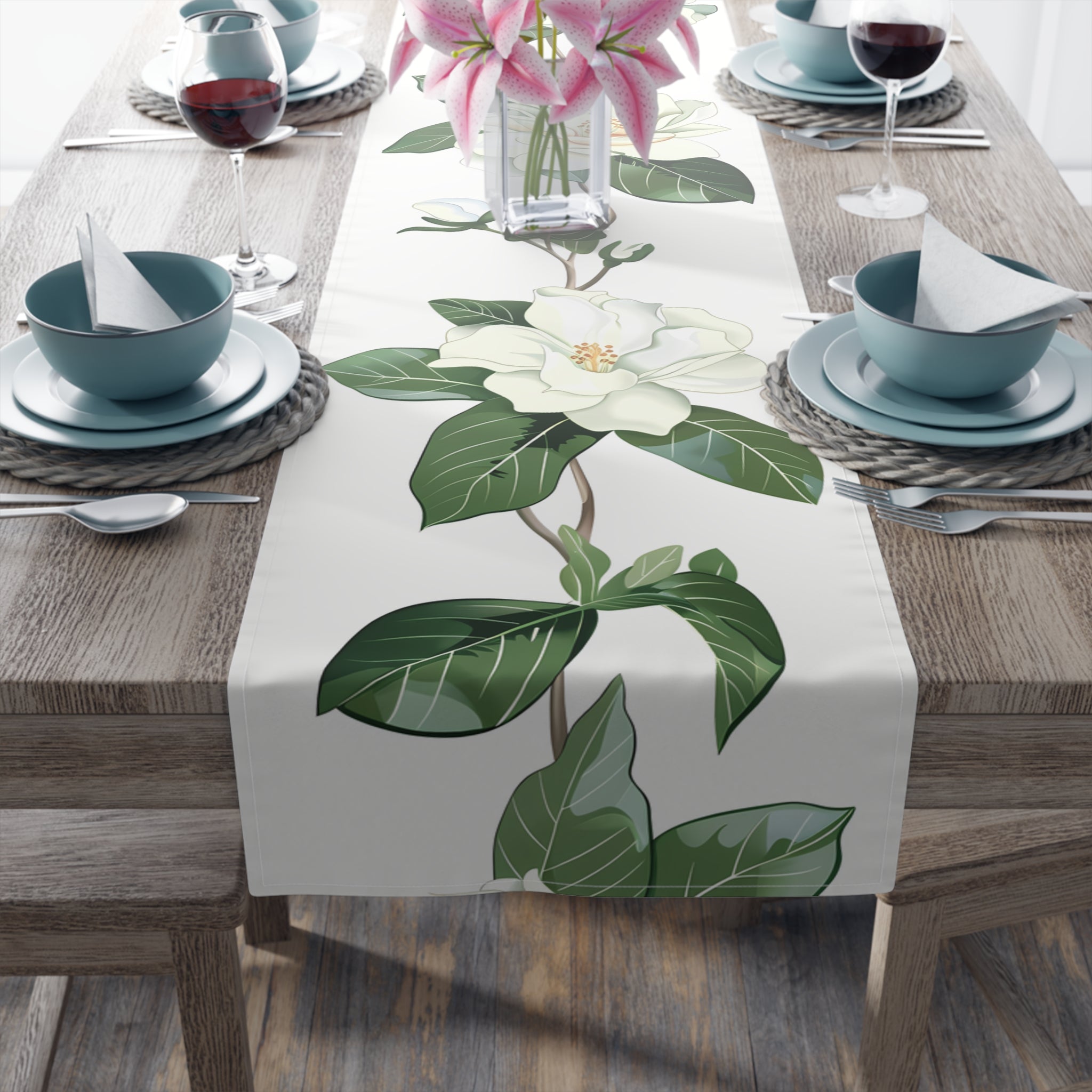 Elegant Table Runner with White Gardenia Design (16