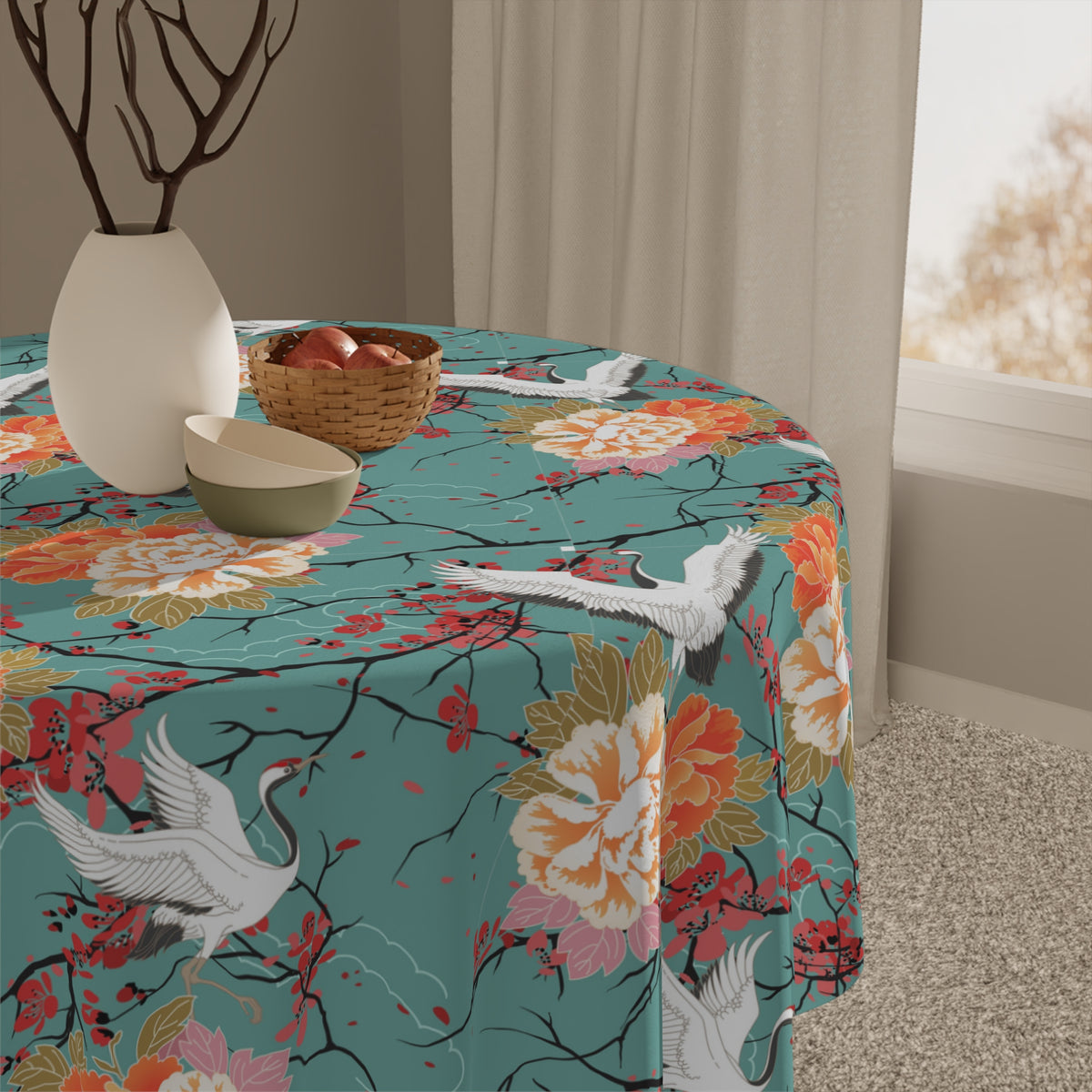 Decorative Tablecloth with Cherry and Crane Design, Durable Polyester (55.1&quot; x 55.1&quot;)