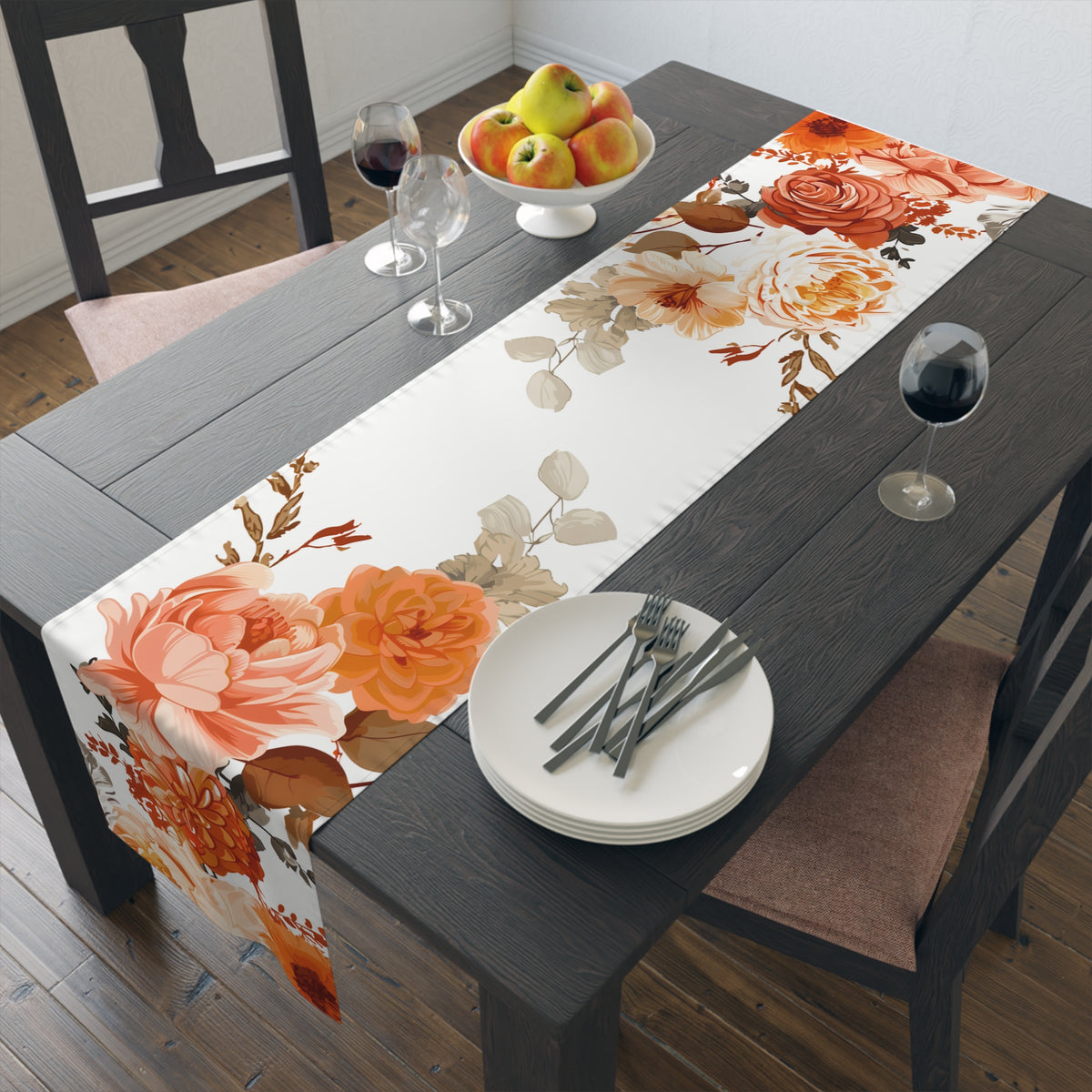 Sunset Table Runner with Orange and Peach Floral Design (16&quot; × 72&quot;)