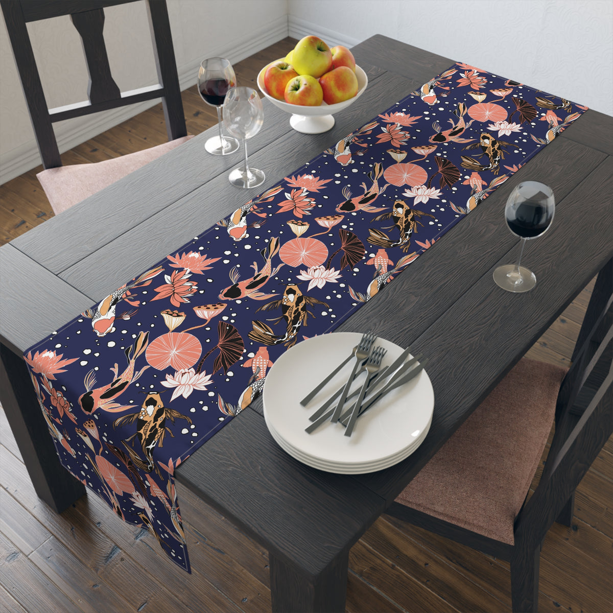 Midnight Table Runner with Koi Fish Design (16&quot; × 72&quot;)