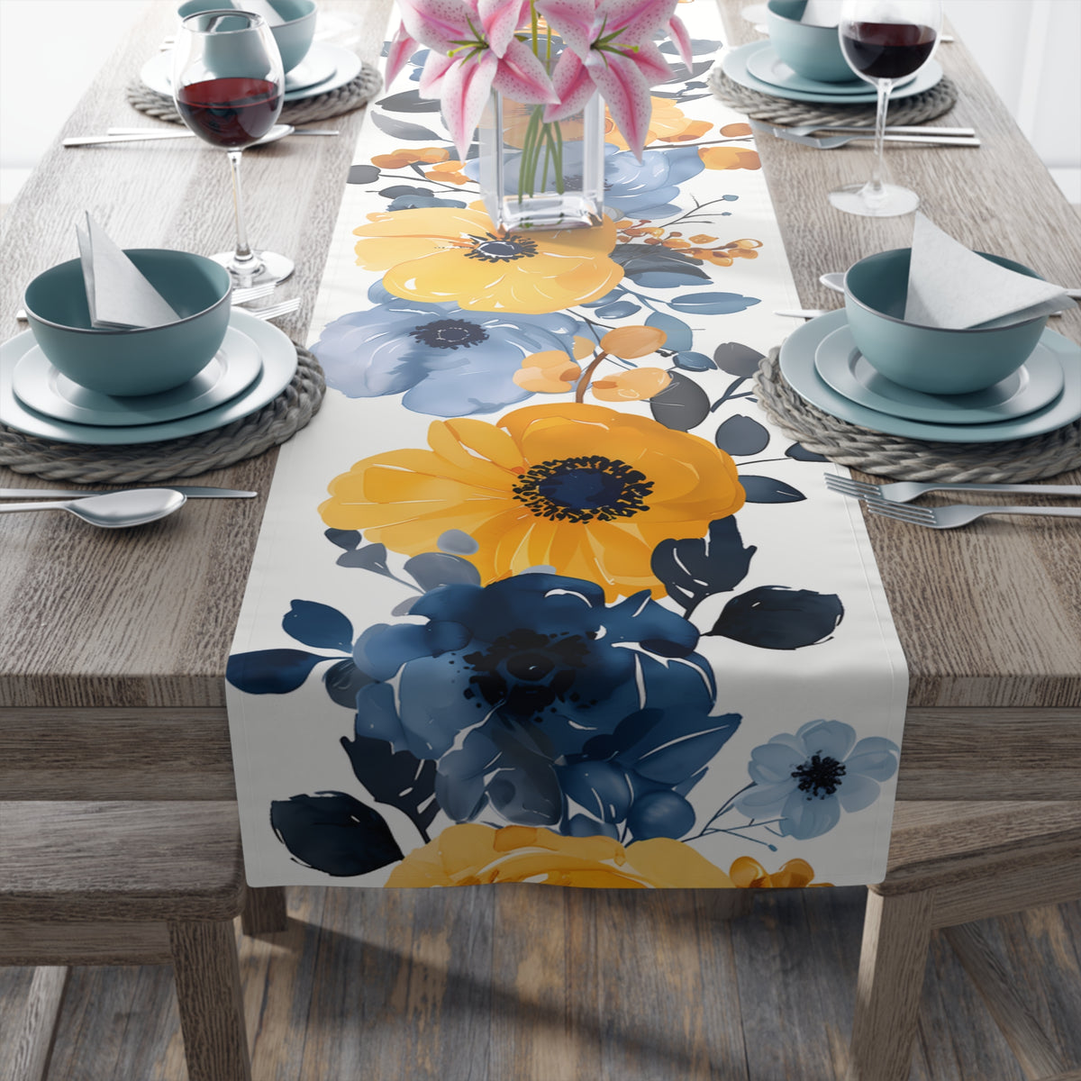 Coastal Table Runner with Cool Blue and Yellow Floral Design (16&quot; × 72&quot;)