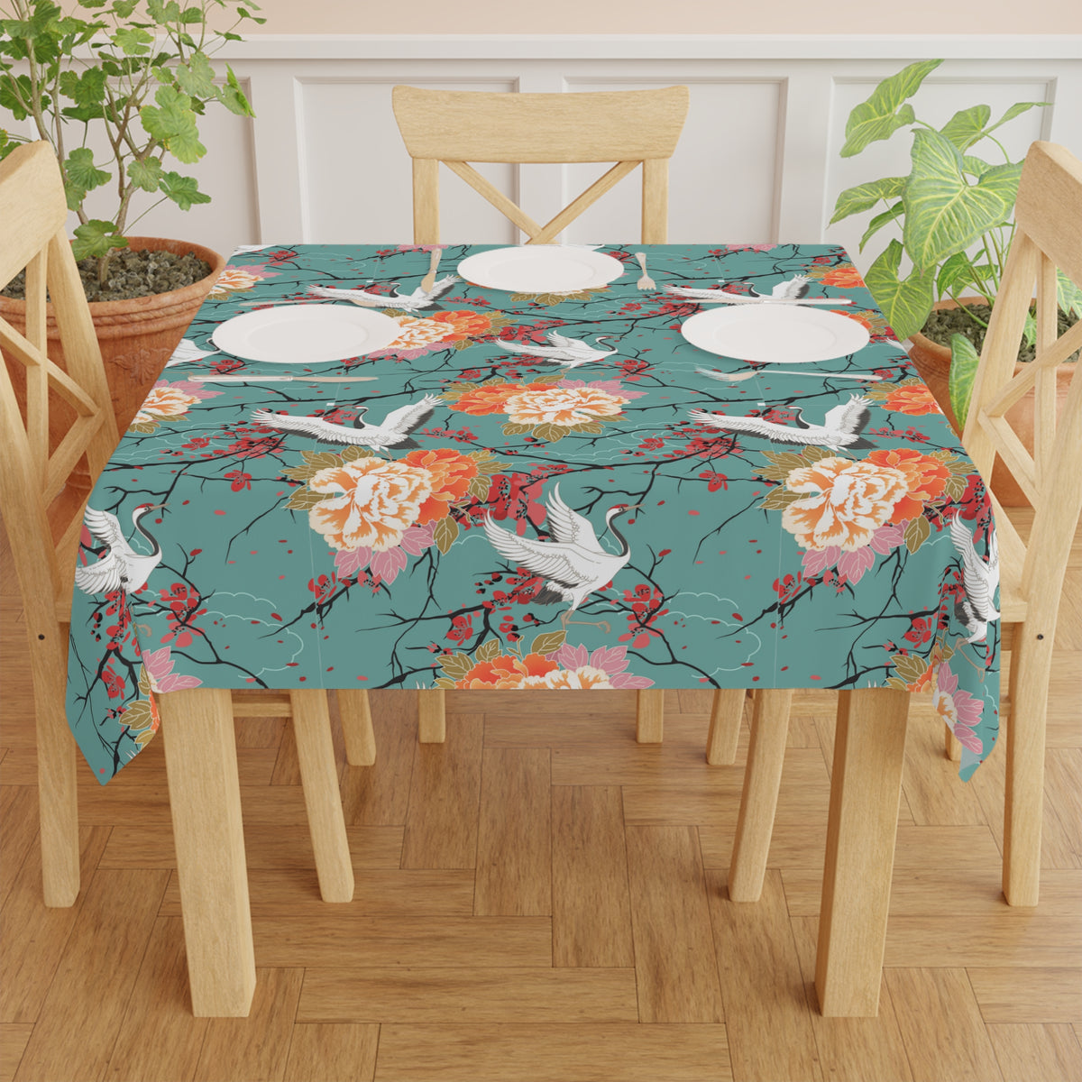 Decorative Tablecloth with Cherry and Crane Design, Durable Polyester (55.1&quot; x 55.1&quot;)