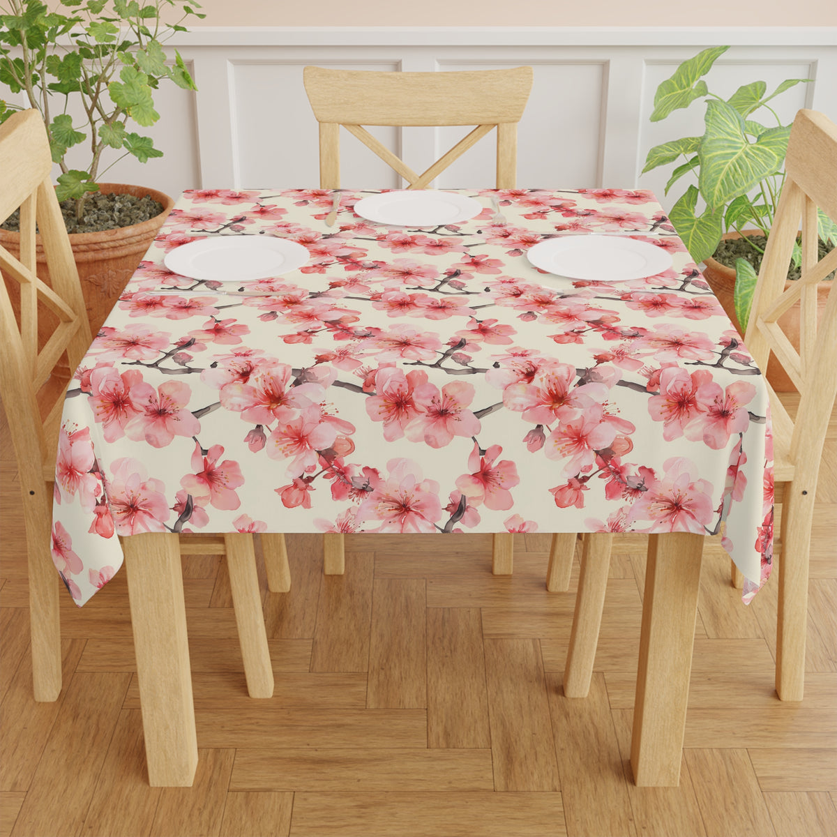 Decorative Tablecloth with Sakura Cherry Blossoms, Durable Polyester (55.1&quot; x 55.1&quot;)