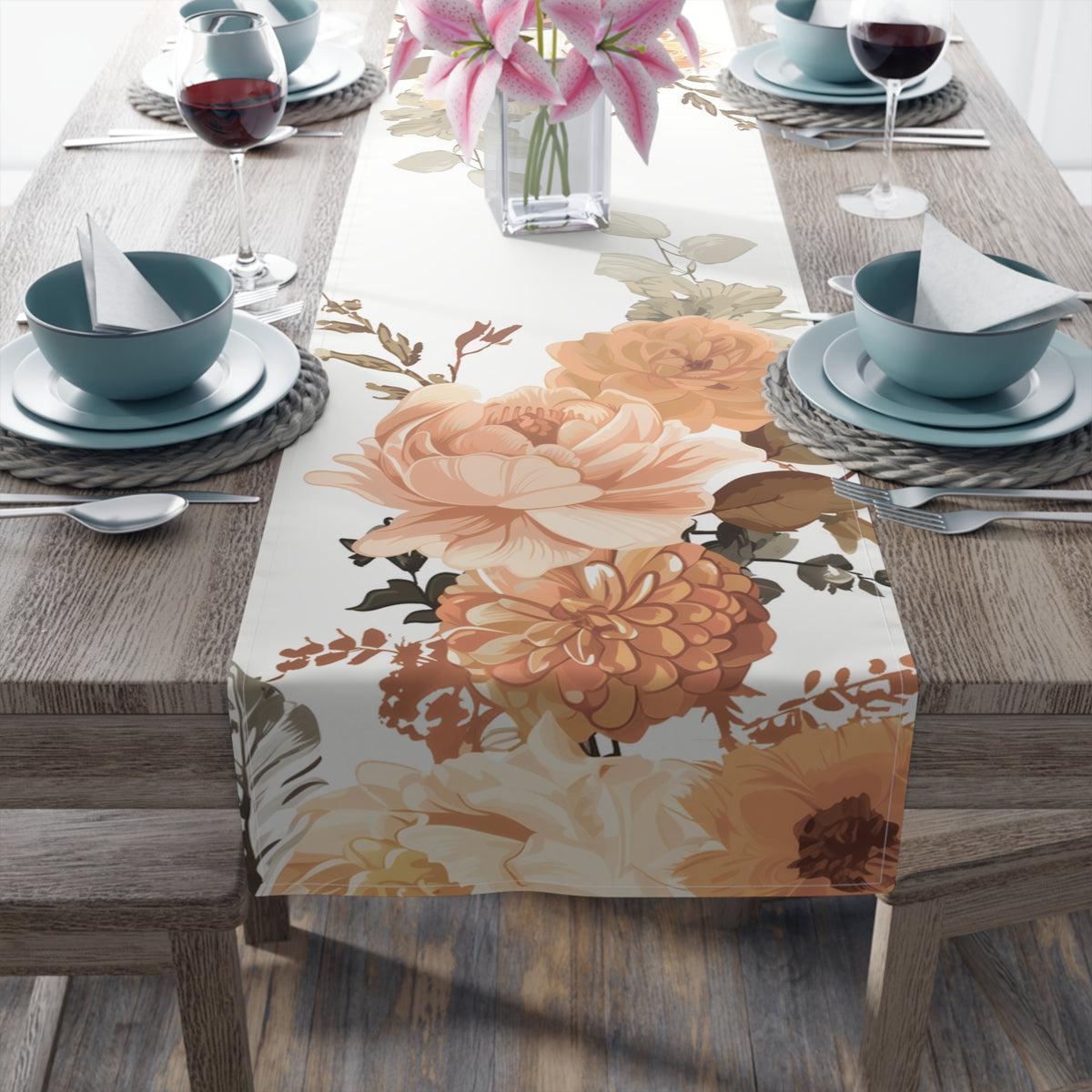 Sunset Table Runner with Orange and Peach Floral Design (16&quot; × 72&quot;)