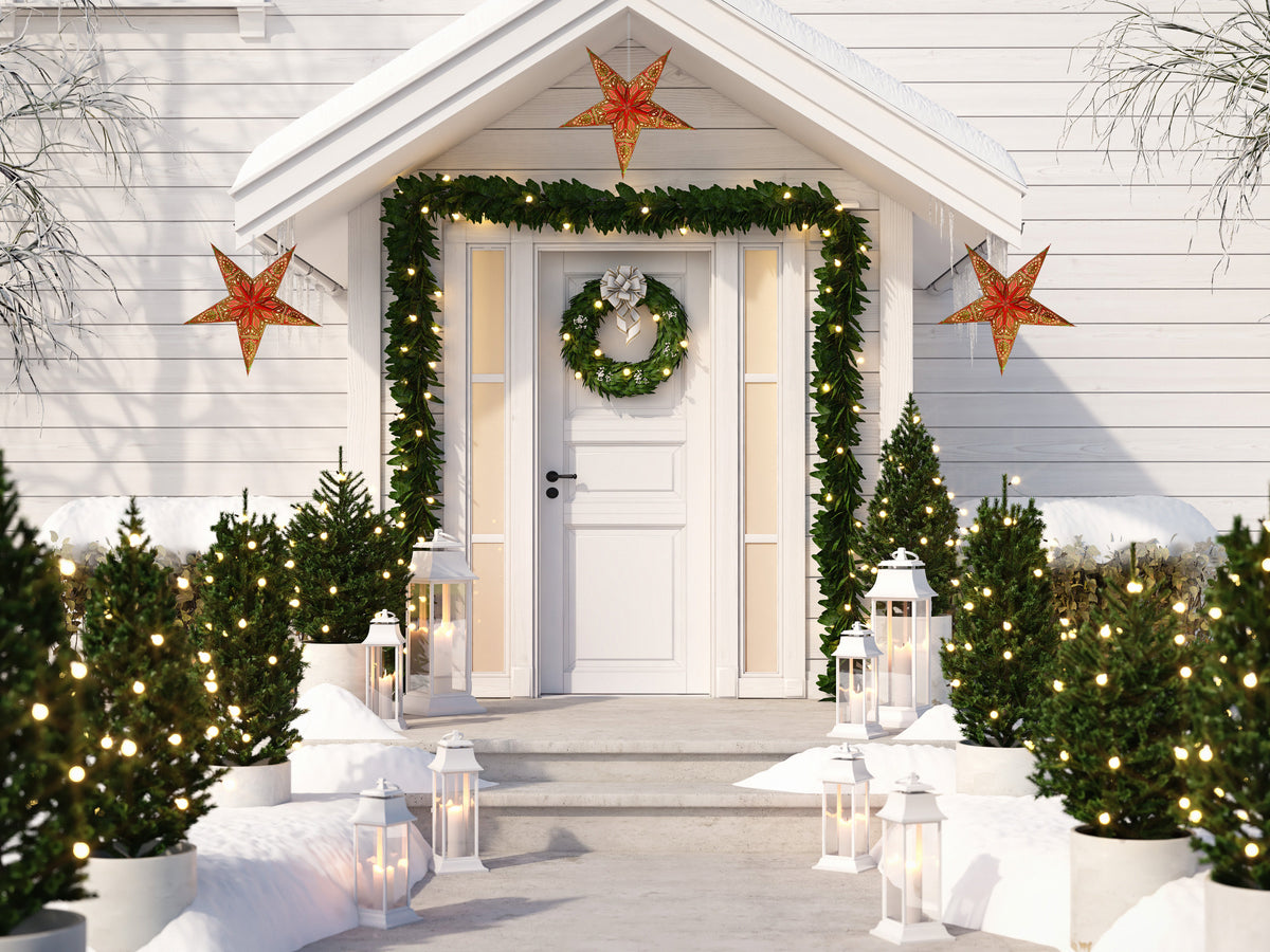 24 Inch Paper Star Lantern, Red Green Twilight Jewel Glitter