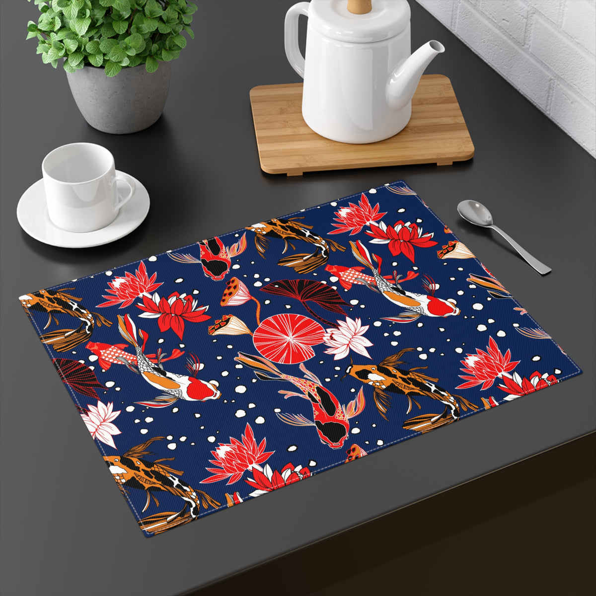 Decorative Cotton Place Mat with Koi Fish Pond Design (18&quot; x 14&quot;)