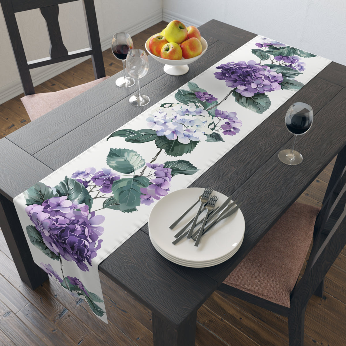 Serenity Table Runner with Purple Hydrangea Floral Design (16&quot; × 72&quot;)