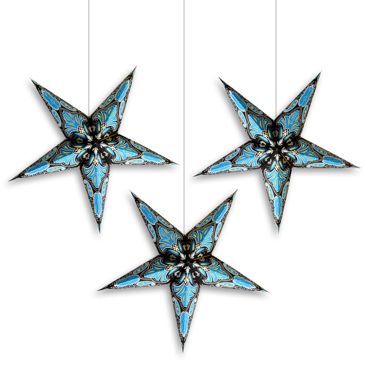 3-PACK | 24 Inch Paper Star Lantern, Blue Green Aura Glow Glitter KIT with Triple Pendant Light Included