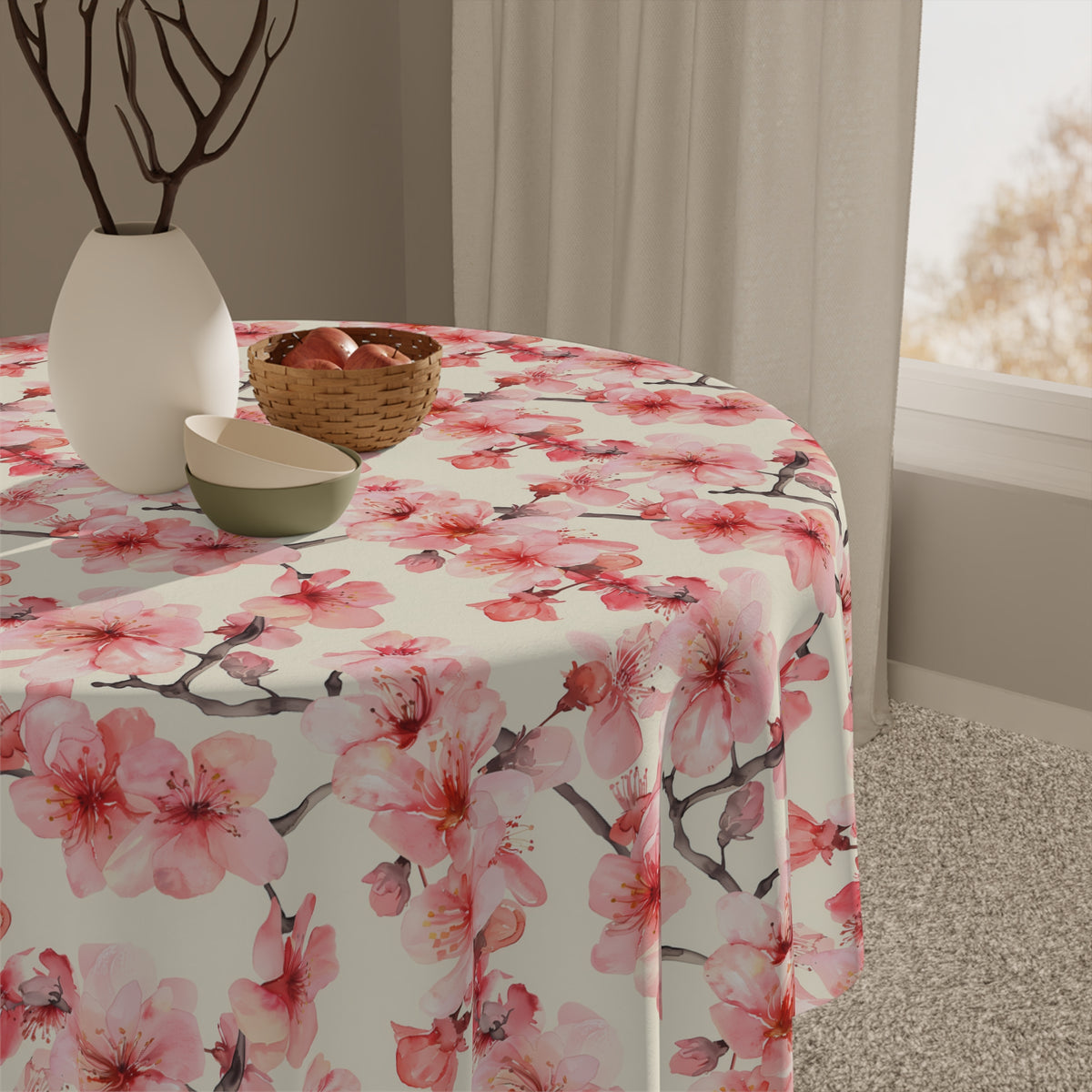 Decorative Tablecloth with Sakura Cherry Blossoms, Durable Polyester (55.1&quot; x 55.1&quot;)