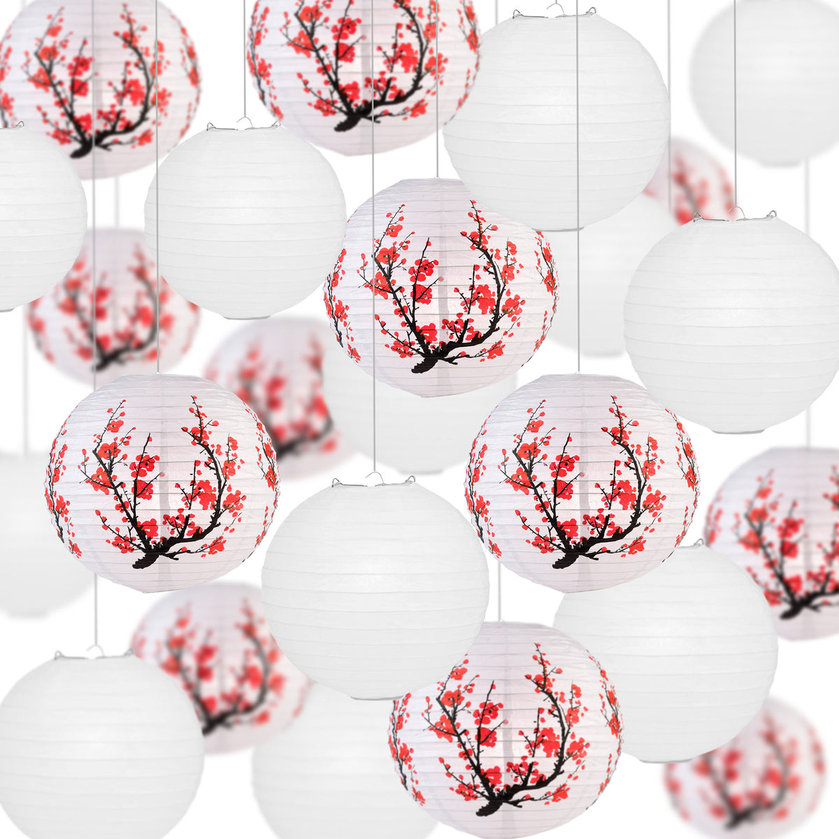Cherry Blossom Wedding &amp; Party Decoration Starter Kit – 24 Cherry Sakura Paper Lanterns &amp; LED Lights | Optional Parasols &amp; Hand Fan Bundle