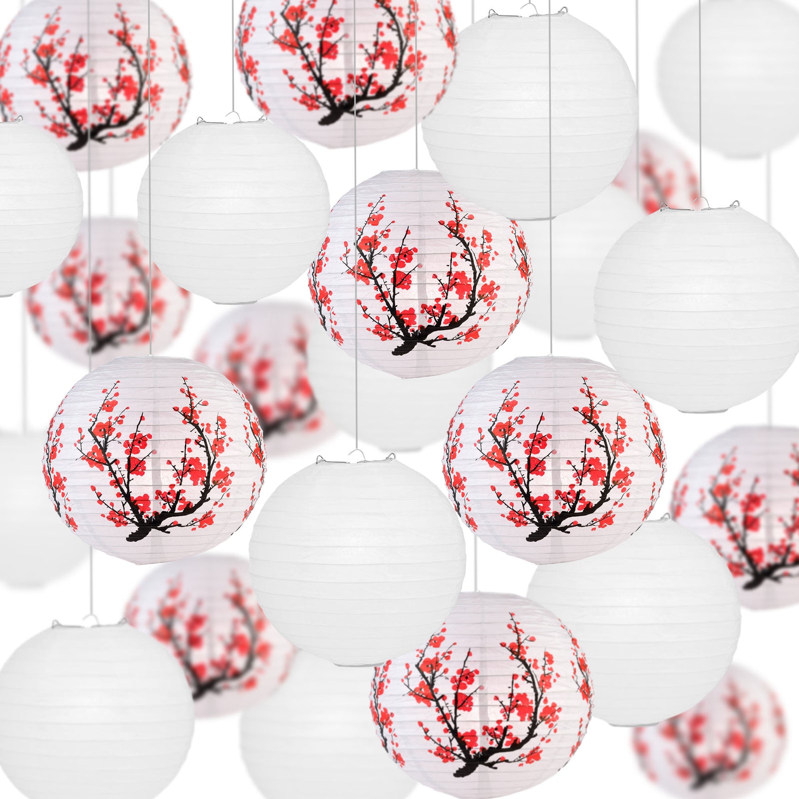 Cherry Blossom Wedding & Party Decoration Starter Kit – 24 Cherry Sakura Paper Lanterns & LED Lights | Optional Parasols & Hand Fan Bundle