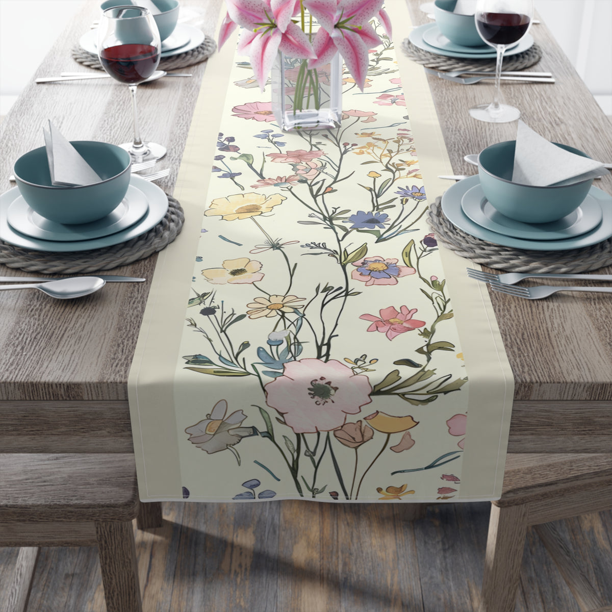 Pastel Garden Table Runner with Spring Wildflower Floral Design (16&quot; × 72&quot;)