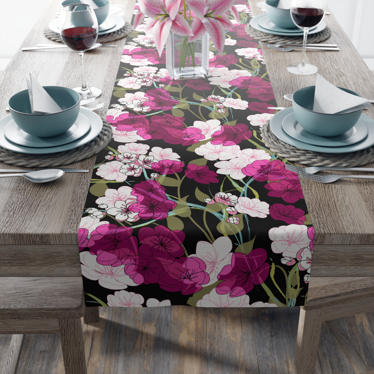 Midnight Table Runner with Cherry Blossom Floral Pattern (16&quot; × 72&quot;)