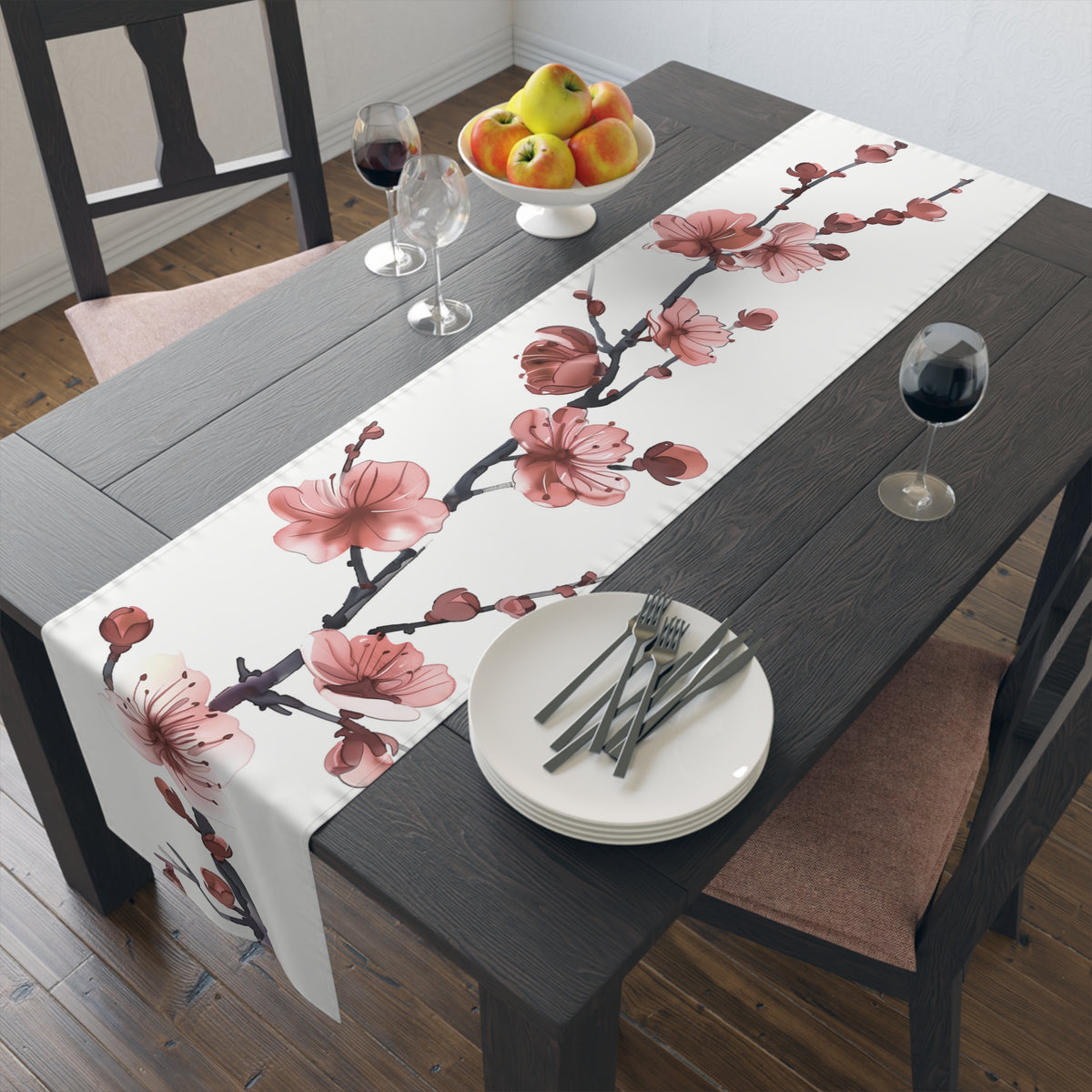 Elegant Table Runner with Pretty Plum Blossoms Design (16&quot; × 72&quot;)