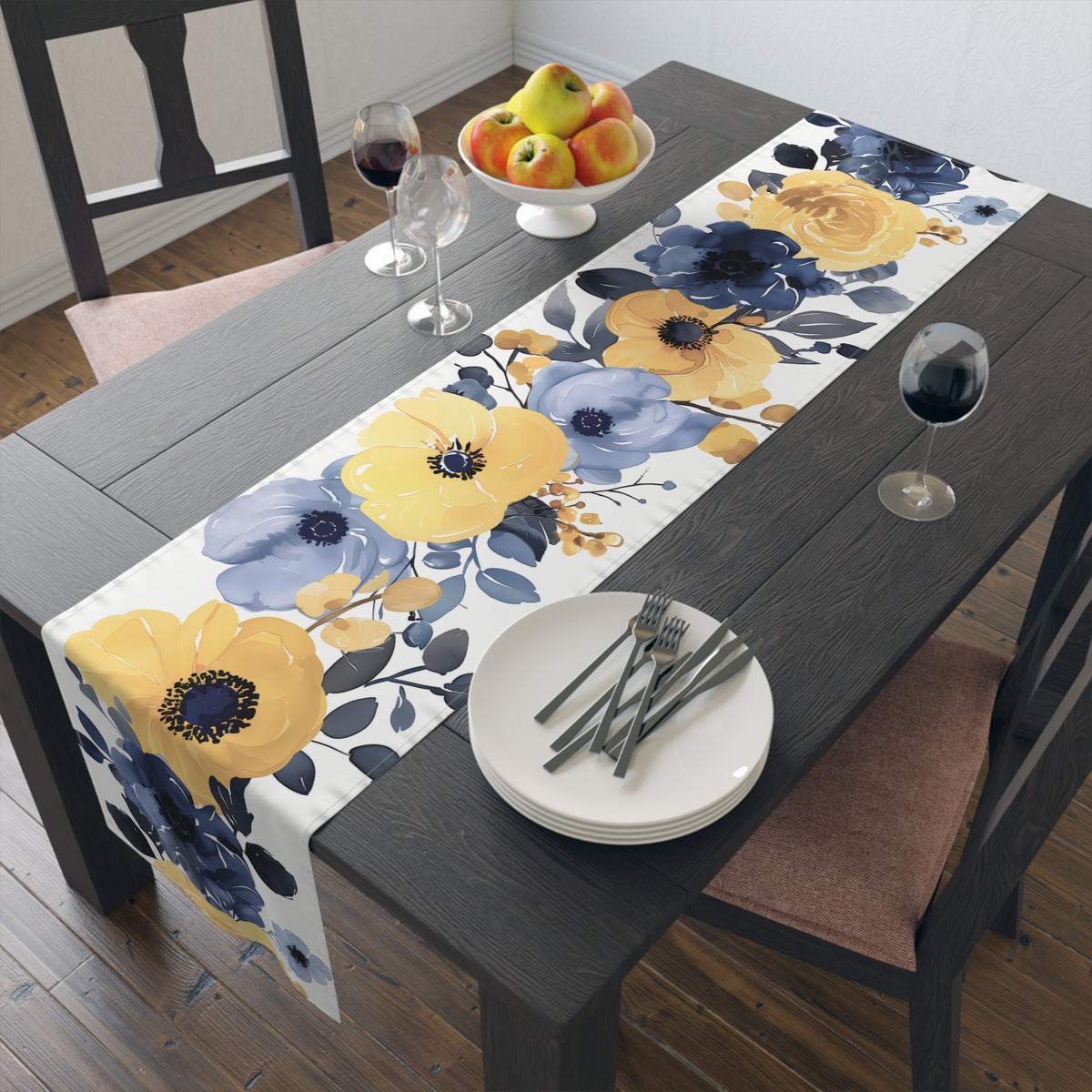 Coastal Table Runner with Cool Blue and Yellow Floral Design (16&quot; × 72&quot;)