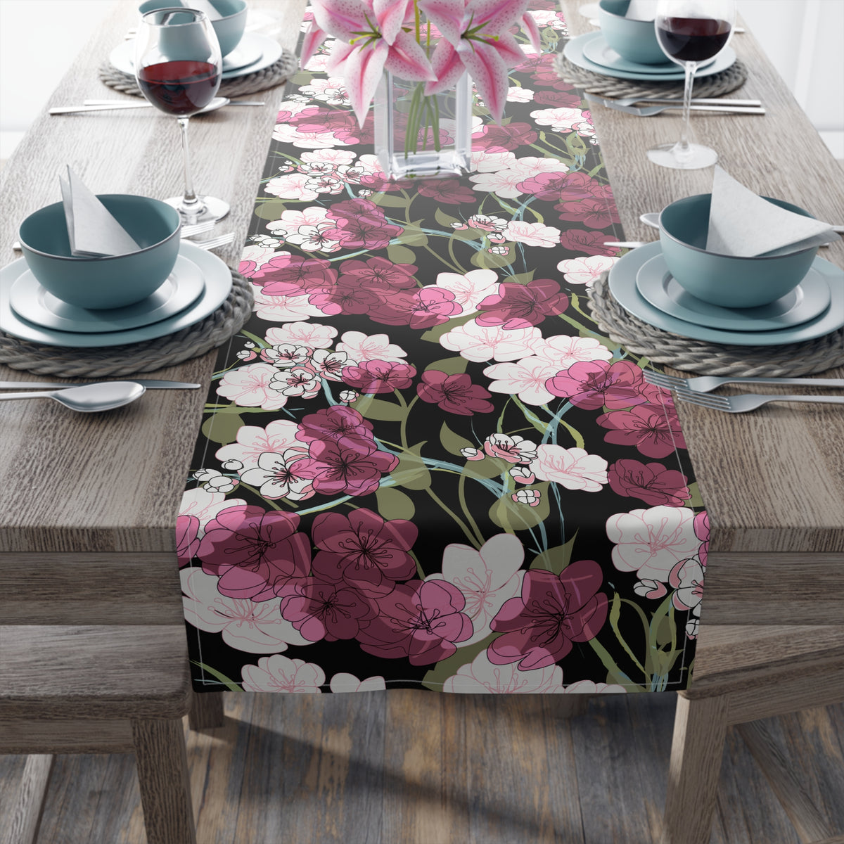 Midnight Table Runner with Cherry Blossom Floral Pattern (16&quot; × 72&quot;)