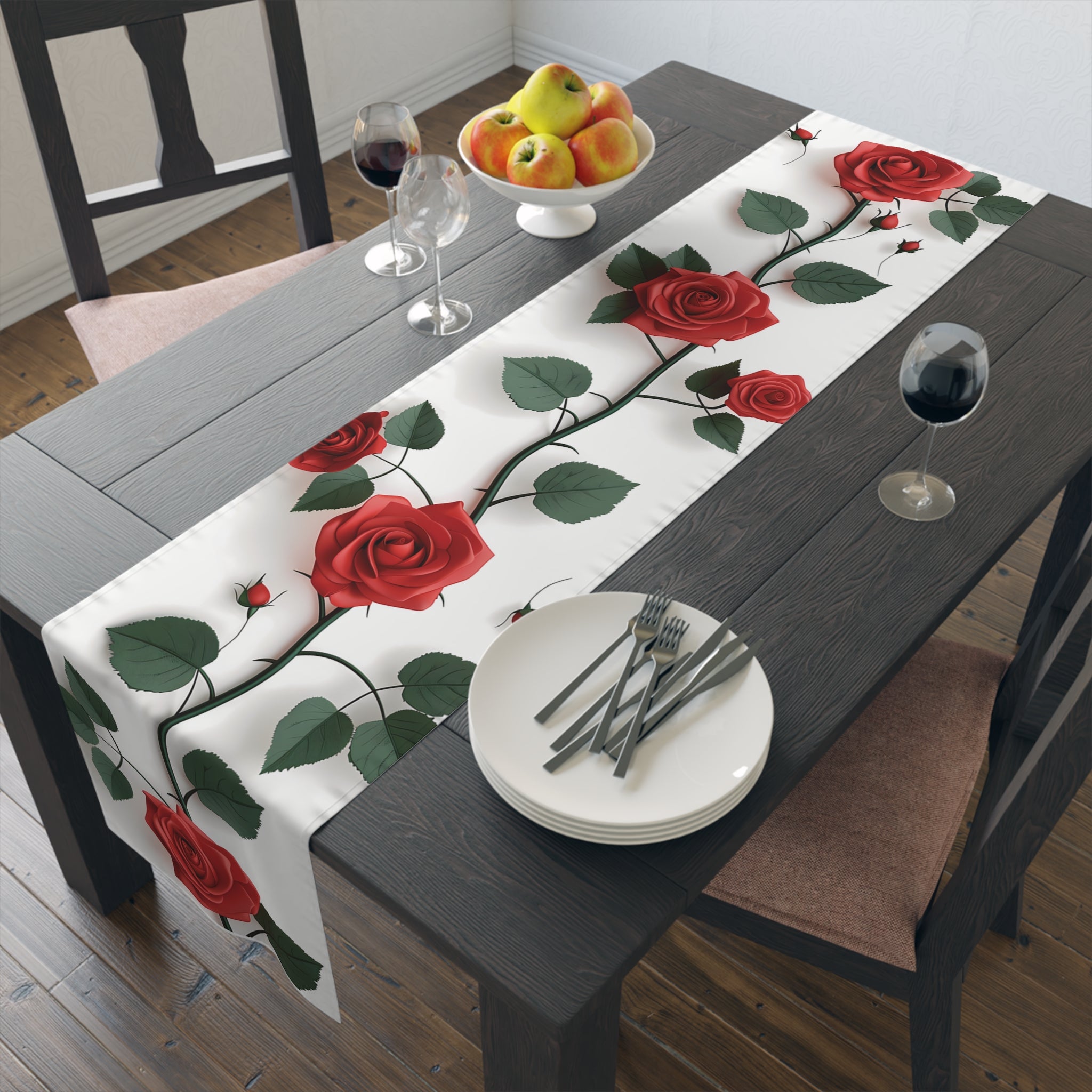 Classic Table Runner with Pretty Red Roses Floral Design (16