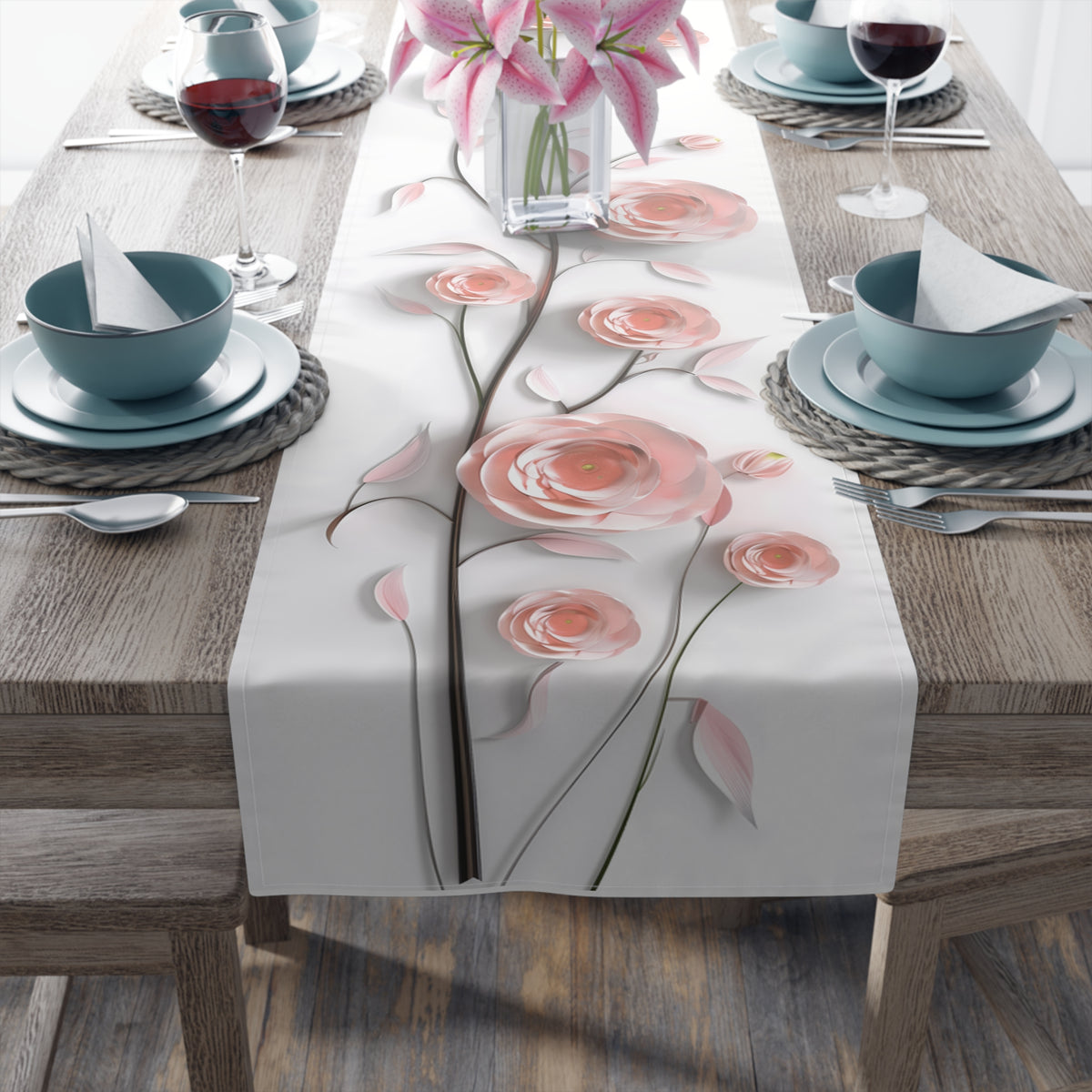 3D Table Runner with Pink Ranunuculus Floral Design (16&quot; × 72&quot;)