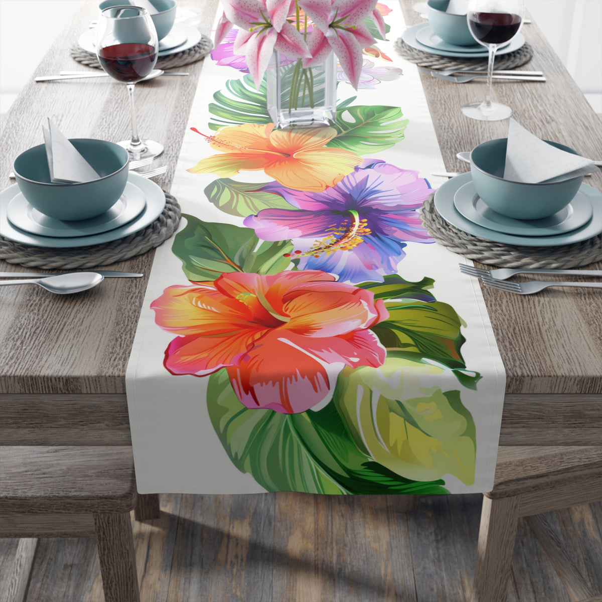 Tropical Table Runner with Vibrant Floral Design (16&quot; × 72&quot;)