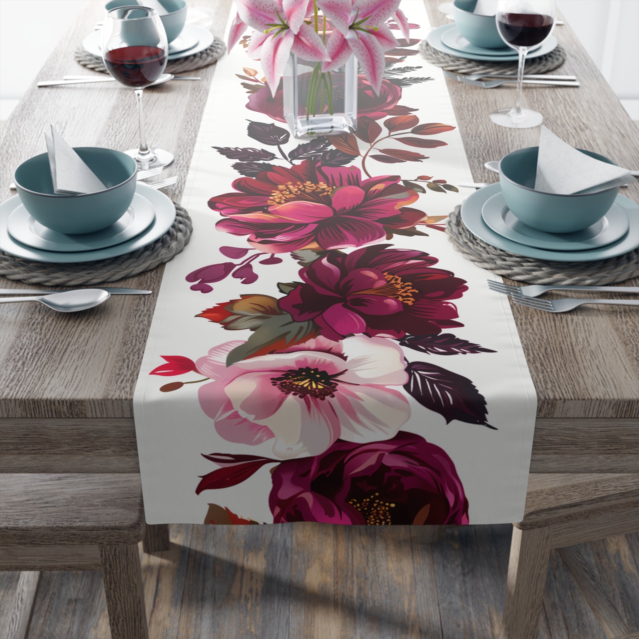 Viva Table Runner with Magenta and Crimson Floral Design (16