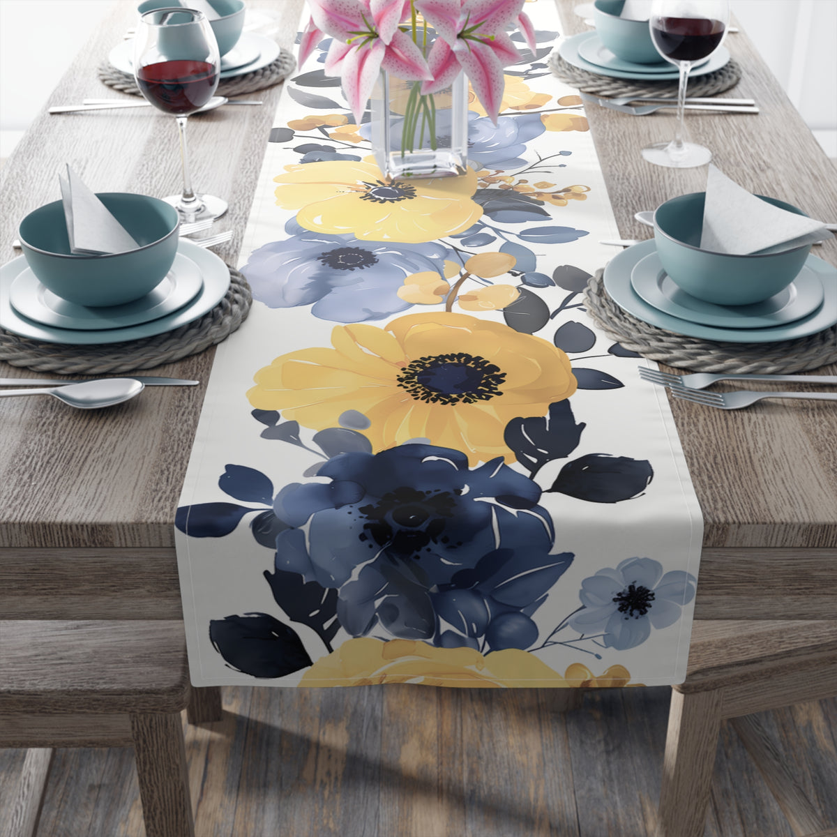 Coastal Table Runner with Cool Blue and Yellow Floral Design (16&quot; × 72&quot;)